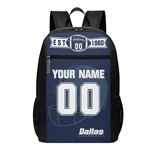 Custom Dallas Football Backpack With Name & Number, Personalized Football Style Computer School Packs,17 Inch Large Capacity Bags. For Kids Men Football Sport Fans Gifts .