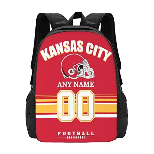 Kansas City Backpack Custom Football Sport Backpacks, Customized Personalized Name And Number Backpack Travel Bag Gifts For Fans Men Women 17in